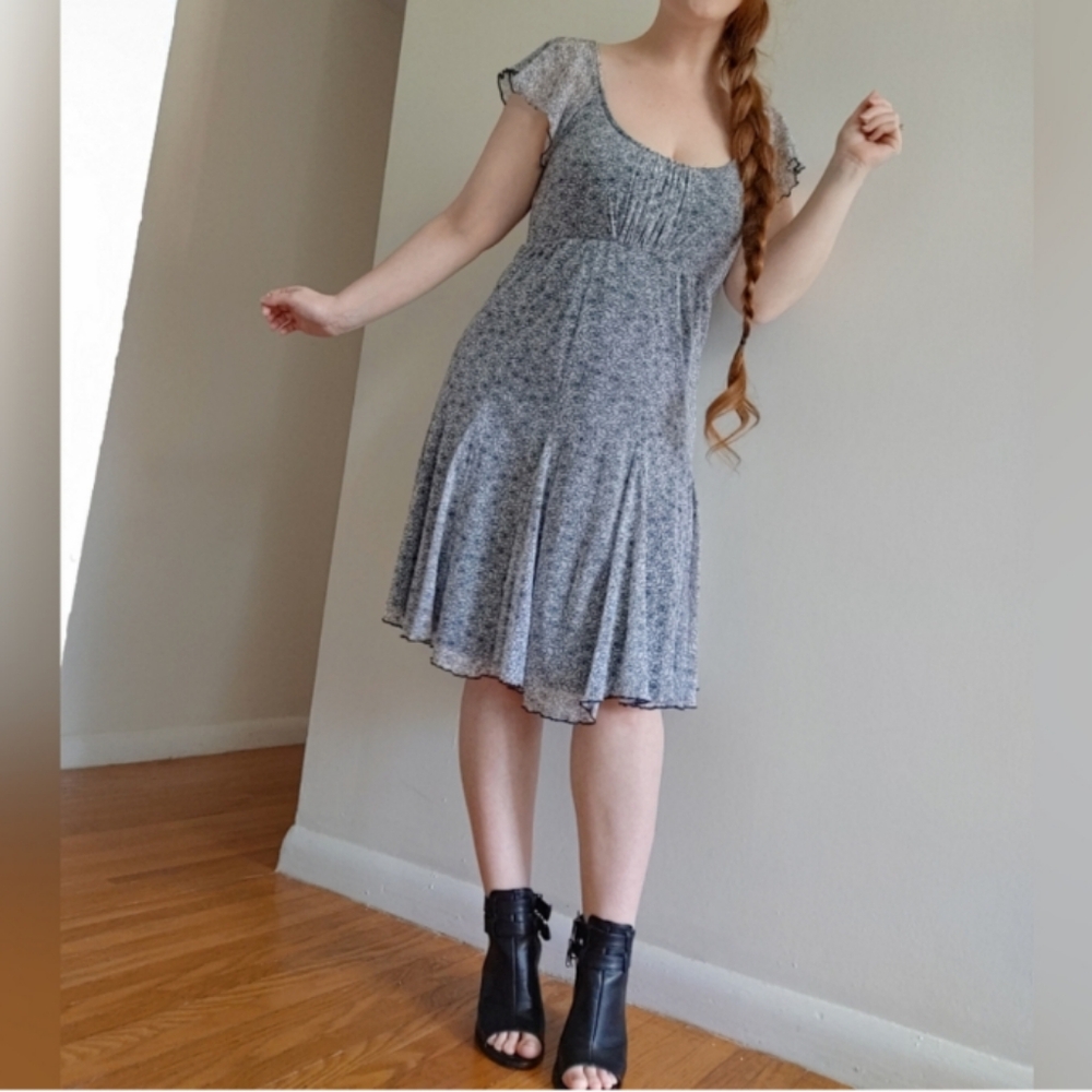 Thyme maternity black & grey floral micro mesh flutter dress. Size L